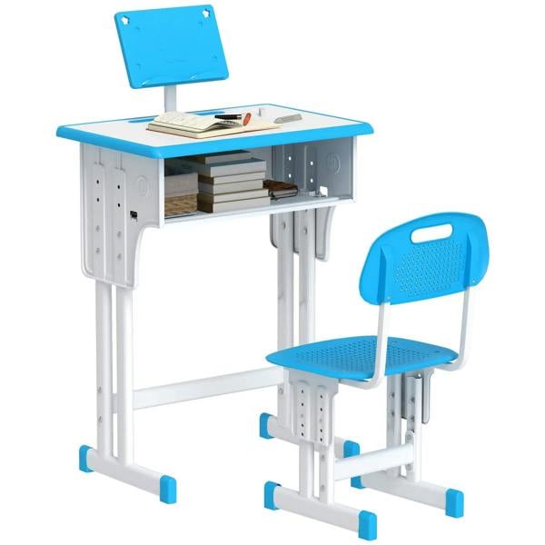 Kids adjustable blue desk with book stand and matching chair, white frame, perforated surfaces