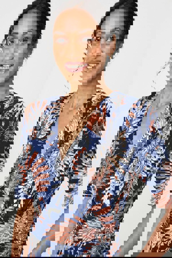 Navy | Tropical Print 1/2 Sleeve Midi Wrap Dress