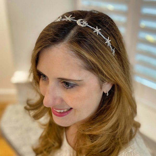 star headband, moon hair accessory, silver celestial headband, elegant accessory for hair down, vintage inspired star and moon design, sparkly silver hairpiece
