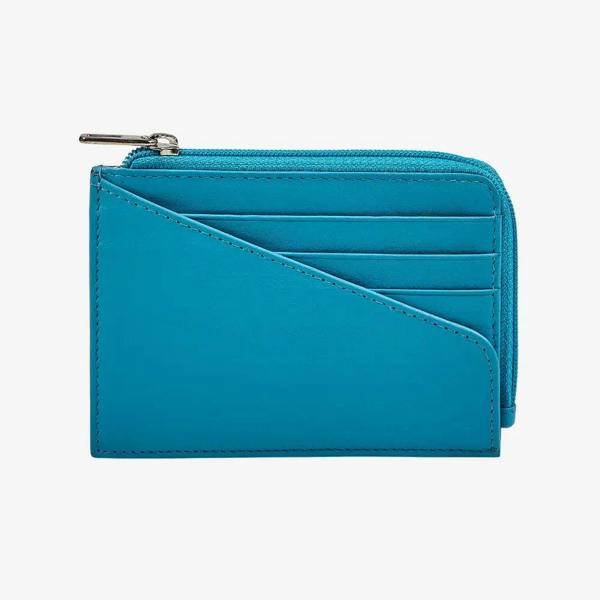 Women's leather zip card holder in turquoise real leather
