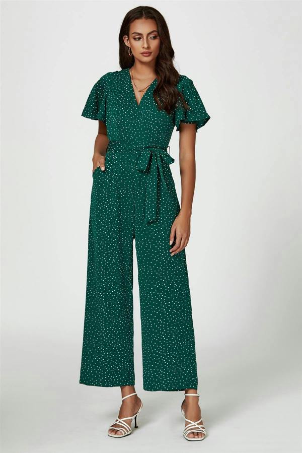 FS Collection Dot Print Wrap Top Jumpsuit In Green
