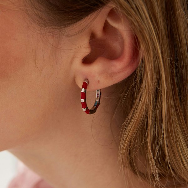 Spero London Enamel Red Fine Stripe Sterling Silver Hoop Earrings With Multi Color Zirconia Interior