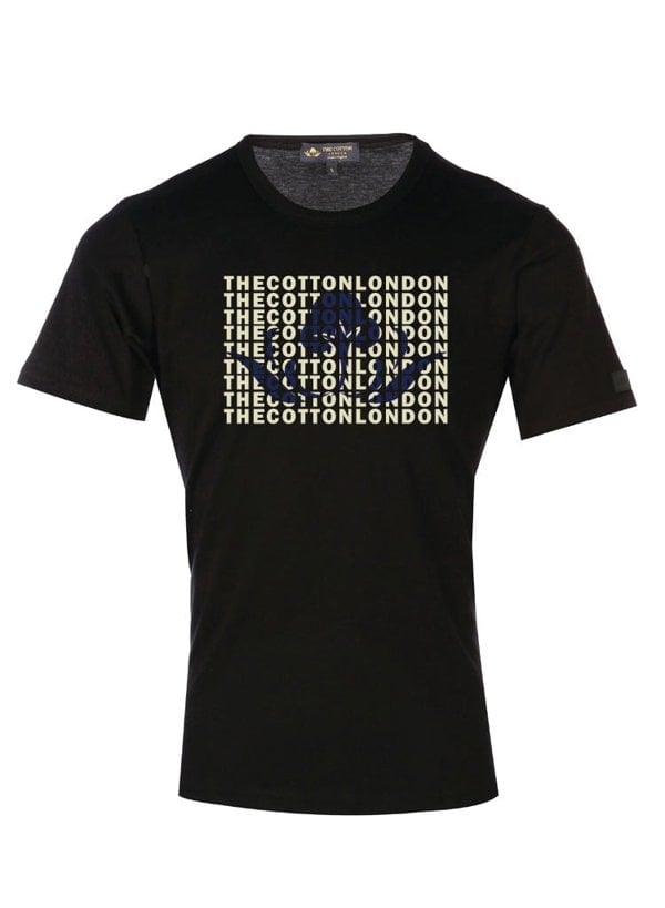 The Cotton London's logo printed in navy colour on a Black t-shirt.