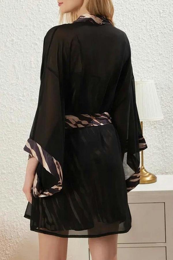 WOVCOR 2-Piece Set Leopard Print Woven Belted Tulle Robe Satin Nightdress