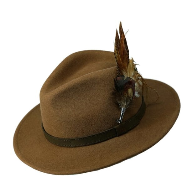 Gamble & Gunn Settler Fedora - Camel Brown With Feather