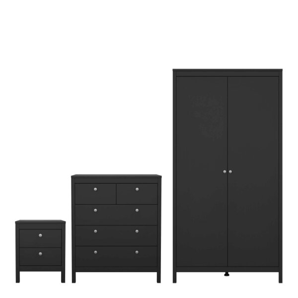 Wyld Haus Gossmere Matt Black Bedroom Set - Bedside Table + Chest of Drawers + Wardrobe 2 Doors