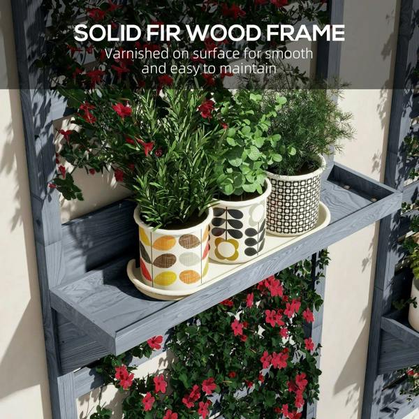 Grey solid fir wood wall plant stand with slatted trellis shelves