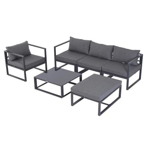Grey outdoor sectional sofa set with two chairs, bench seat, and coffee table