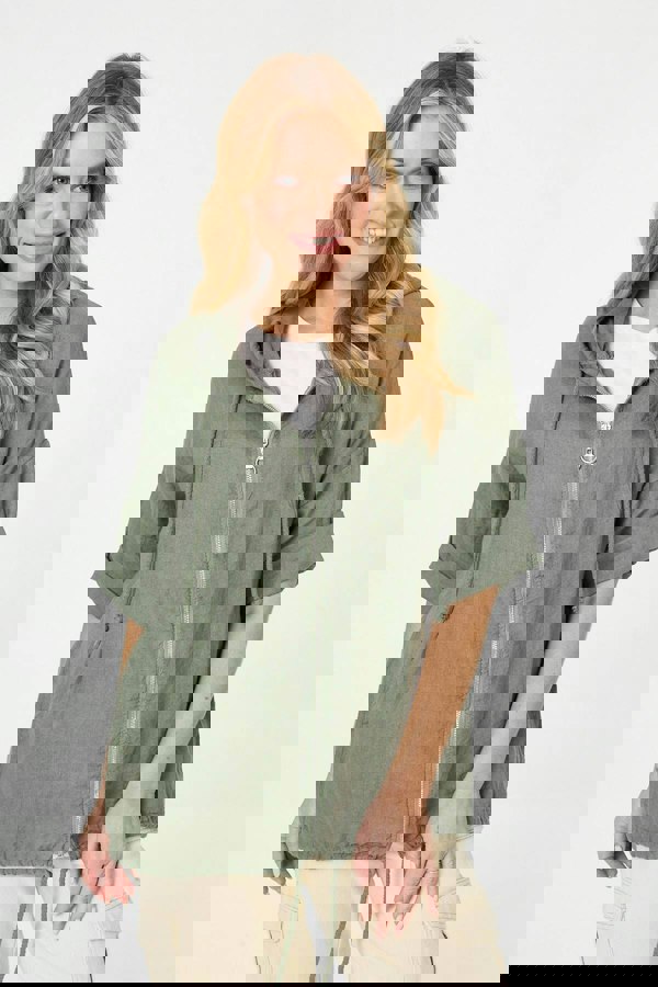 Khaki | Zip Front Drawstring Hooded Parka Jacket
