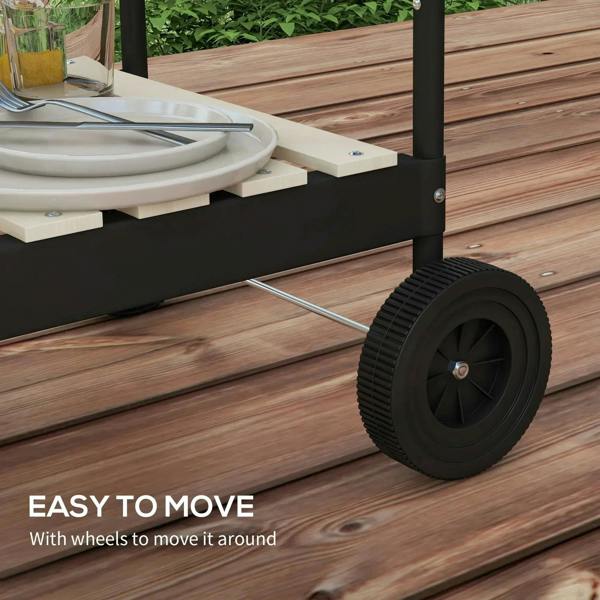 Red charcoal BBQ grill with wheels for easy movement and side shelf