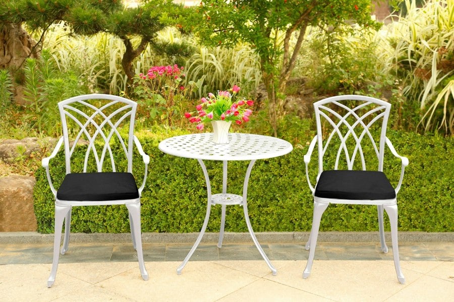 Centurion Supports OSHOWA Luxurious Garden and Patio Table and 2 Large Chairs with Armrests Cast Aluminium Bistro Set - White with Black Cushions