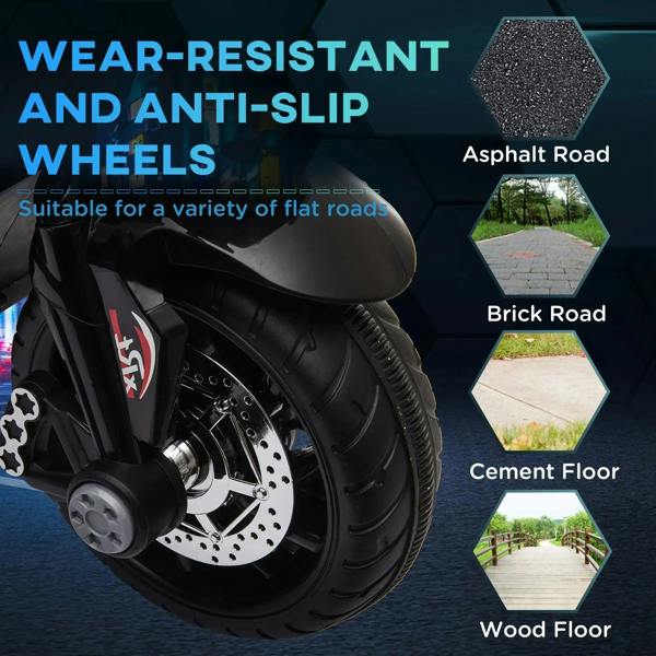 Three-wheel ride-on motorcycle tires with tread pattern and metal wheel hubs
