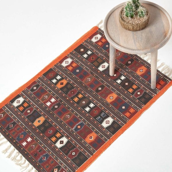 HOMESCAPES Terracotta, Black and Brown Printed Cotton Kilim Rug