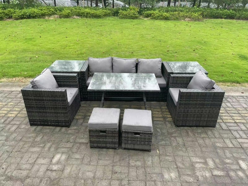 Fimous Rattan Outdoor Furniture Sofa Garden Dining Set with Dining Table 2 Armchairs 2 Side Tables Small Stools Dark Grey Mixed