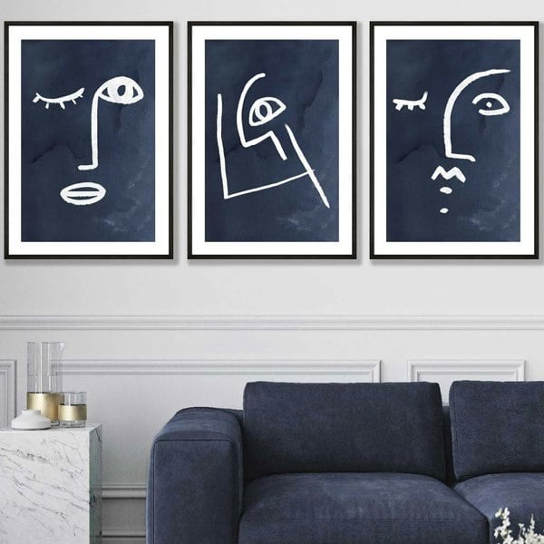 Artze Wall Art Set of 3 Framed Abstract Faces Navy Blue
