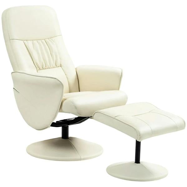 Cream PU swivel recliner chair with ottoman footstool and round base