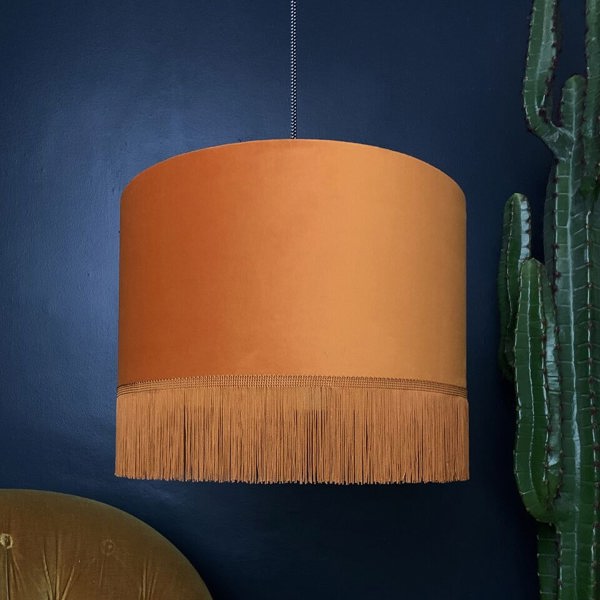 Rust Velvet Lampshade With Gold Lining And Fringing