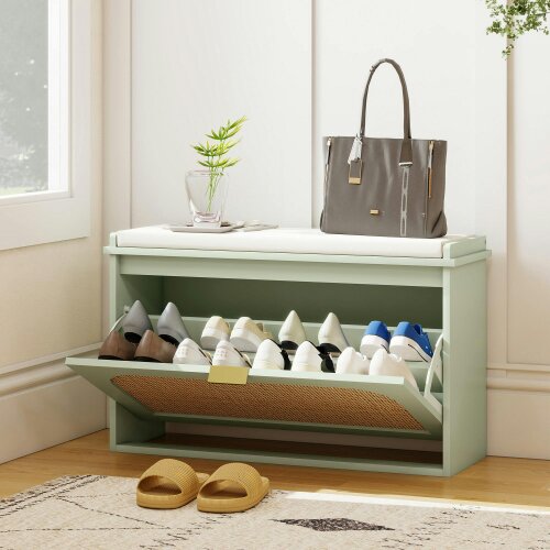 Wyld Haus Rikena Coyo Wooden Light Green Boho Style Shoe Bench With Cushioned Seat And Flip Drawer
