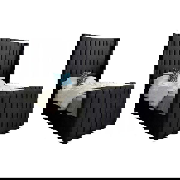 Casa Magna Romano Straight Winged Upholstered Soft Velvet Bed Frame - Black