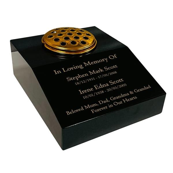 Memorials Direct Black Granite Sloping Memorial Desk with Vase for Two Names Free Gold Engraving