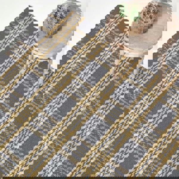 HOMESCAPES Douglas Grey and Yellow Tartan Check Non-Slip 100% Wool Rug