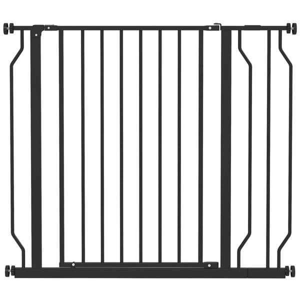 Black pressure-mounted dog safety gate with vertical bars and side hinges