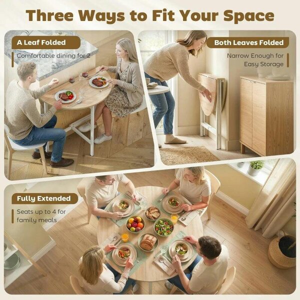 Folding Dining Table, Drop Leaf Extendable Kitchen Table for Small Spaces, Steel Frame, Natural Wood Finish