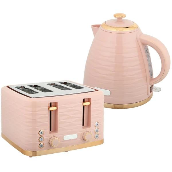 Light pink electric kettle and 4-slice toaster set with browning controls and crumb tray