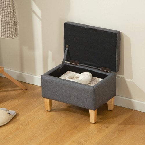 Wyld Haus Doma Linen Grey Compact Storage Footstool With Storage Natural Wooden Legs