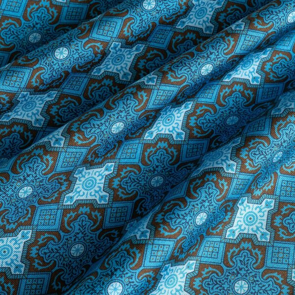 Otway & Orford 'Arabesque' tile design silk pocket square in turquoise, brown & navy (42 x 42cm)