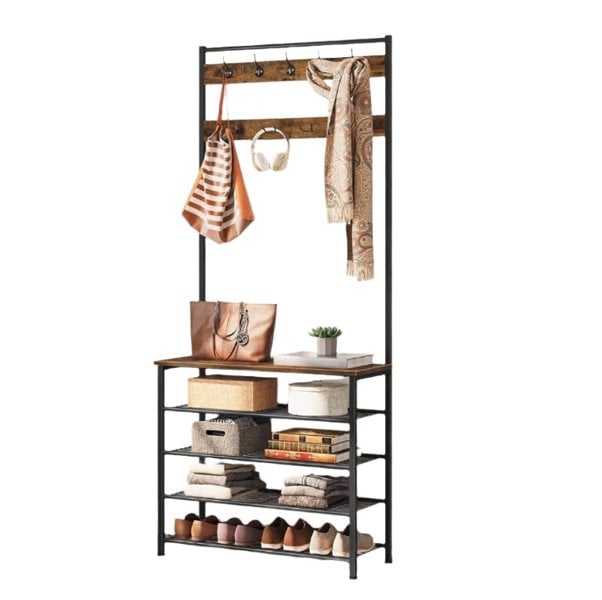 Modcraft Industrial Coat Stand with Shoe Storage - Hall Tree with 9 Hooks