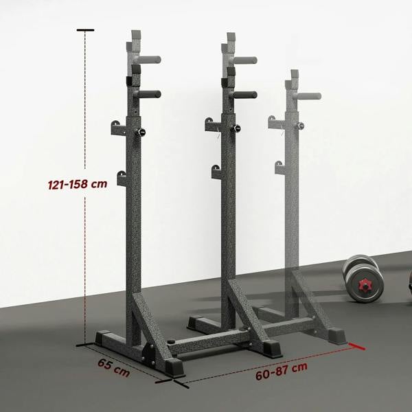 Adjustable squat rack with three post heights, multi-position hooks, and stable base pads