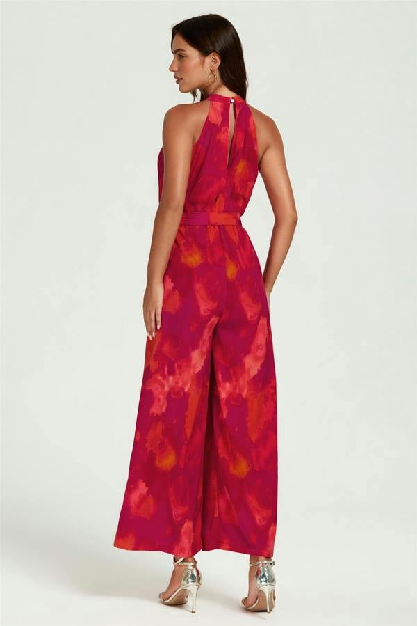 FS Collection Abstract Print Halter Neck Jumpsuit In Red