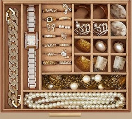 Modcraft 3-Tier Jewellery Box with Glass Lid – Caramel Brown & Gold Organiser with Velvet Lining