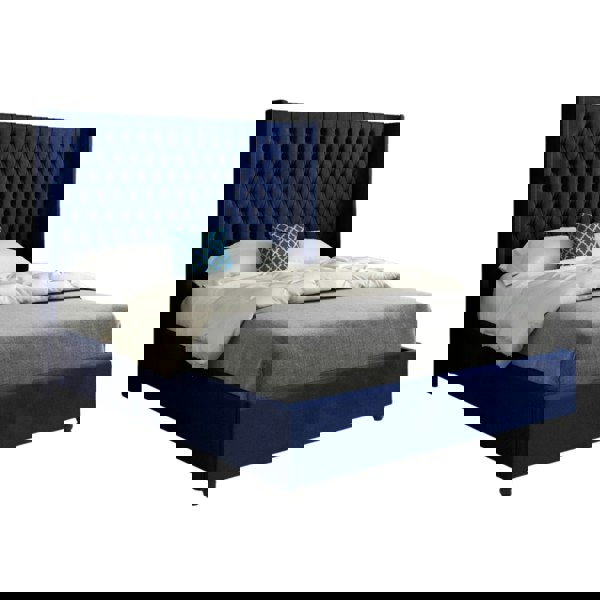 Casa Magna Volta Straight Winged Upholstered Soft Velvet Bed Frame - Blue