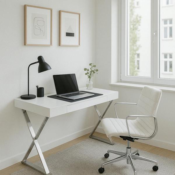 Homeology ADONIS Gloss White and Chrome Ergonomic Home Office Luxury Workstation Desk
