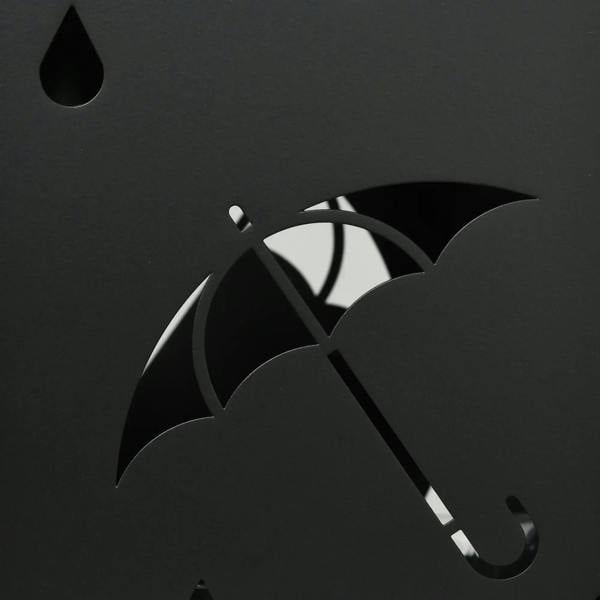 Close-up of black steel umbrella stand cut-out raindrop and umbrella hook detail