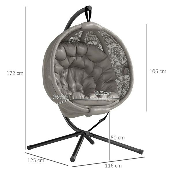 Round egg basket chair with gray padded seat and black steel stand, size shown