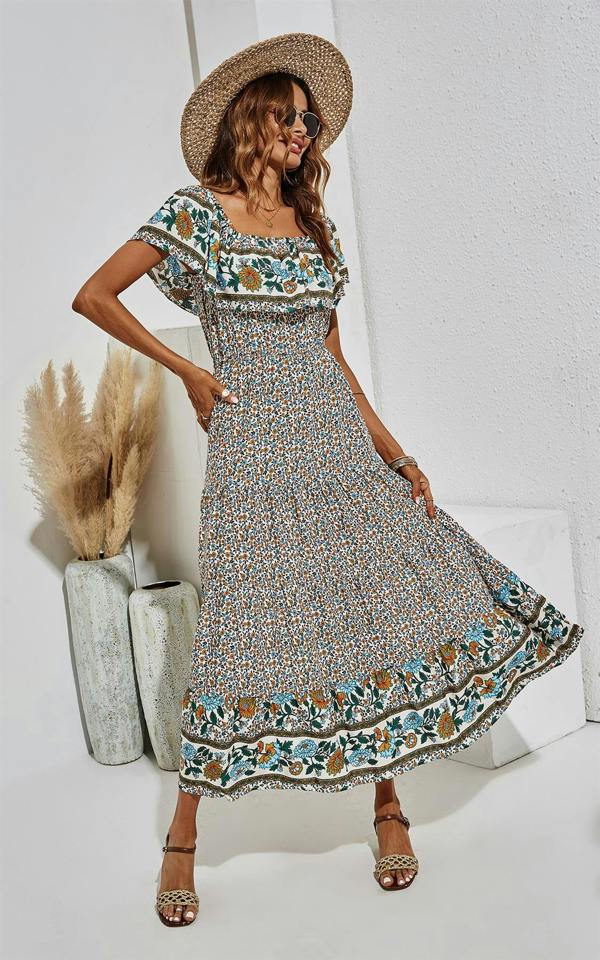 FS Collection Off Shoulder Hem Detail Floral Print Midi Dress In Beige