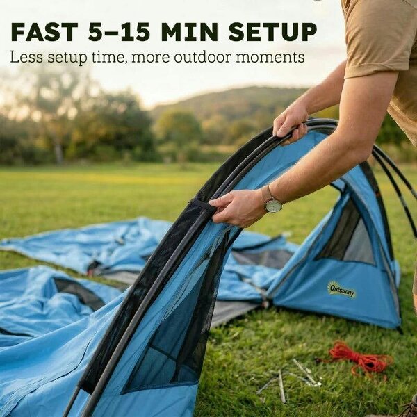 4 Person Easy Setup Family Camping Tent with 2 Rooms, Waterproof Tunnel Tent w/ Sewn In Groundsheet, Sky Blue & Grey