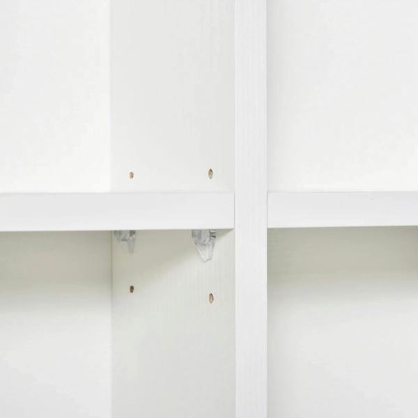 White storage cabinet cross-brace with shelf support hardware, close-up