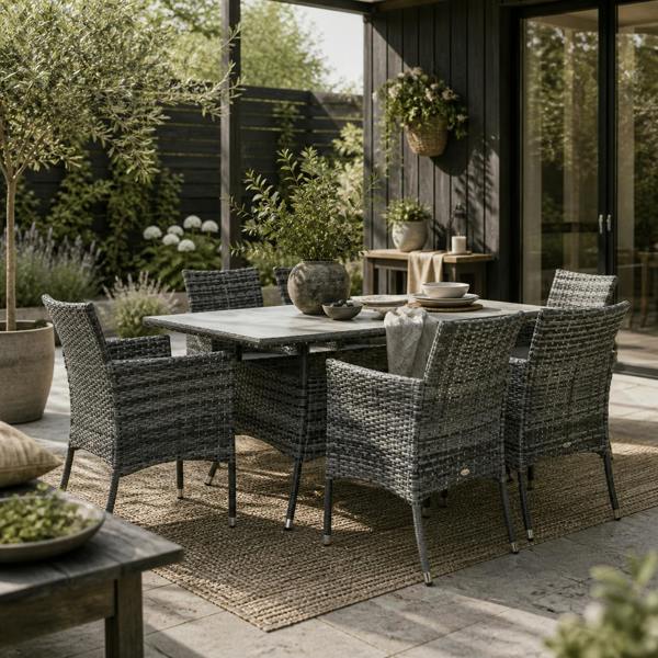 Wyld Haus Zila 6 Seater Rattan Grey Outdoor Dining Set With Cushioned Armchairs And Glass Table