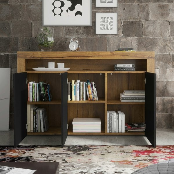 Mex Furniture Modern Sideboard 155cm – Oak Matt Body with Black Matt Doors