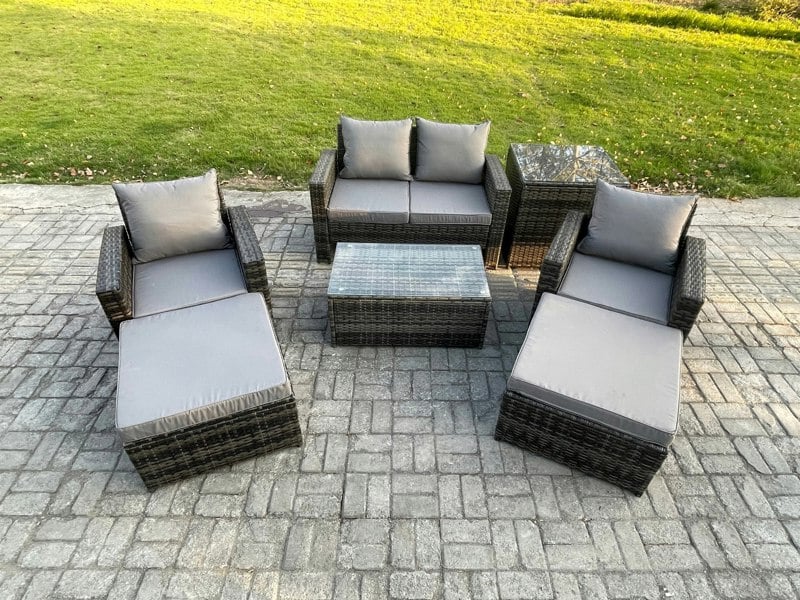 Fimous 6 Seater Dark Grey Outdoor Rattan Garden Furniture Set Patio Lounge Sofa Rectangular Coffee Table with Side Table 2 Big Footstool