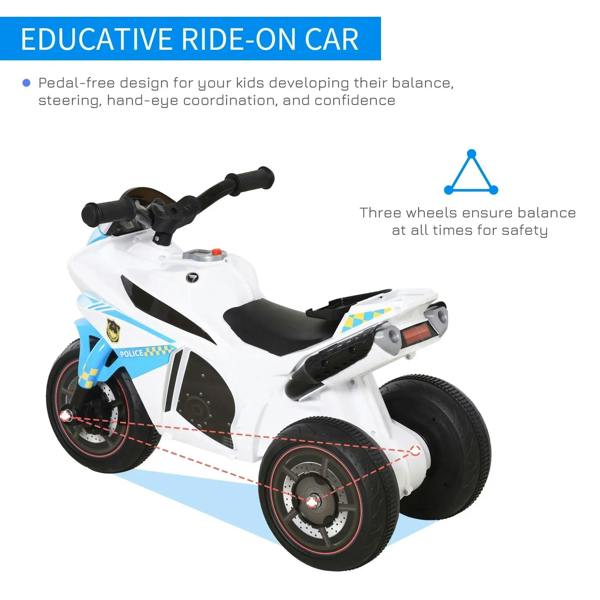 Blue and white three-wheel police ride-on bike with black seat and front headlight