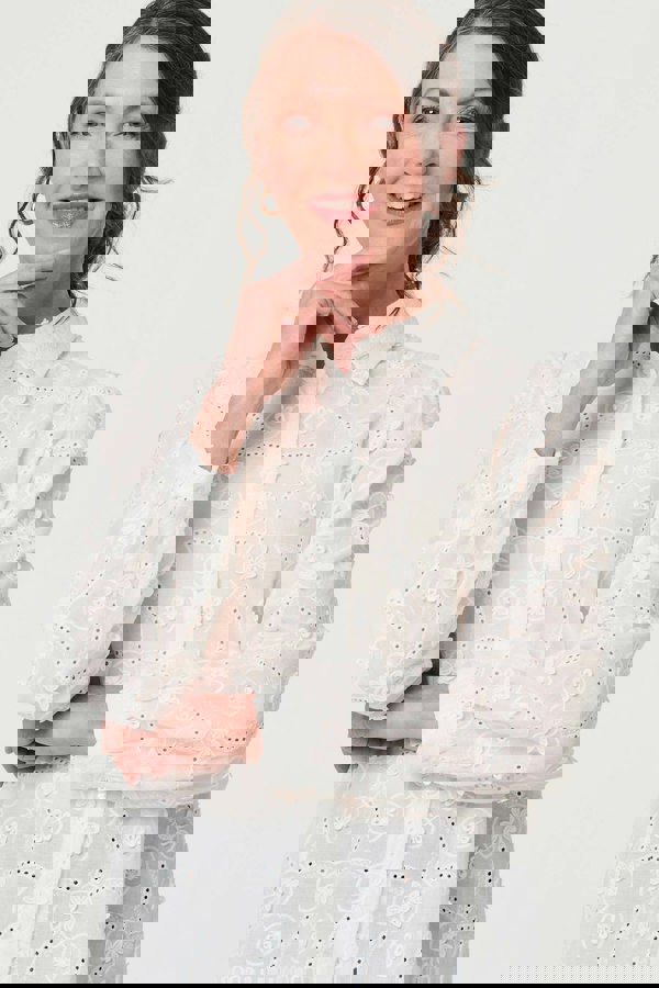 White | Floral Long Sleeve Embroidered Shirt
