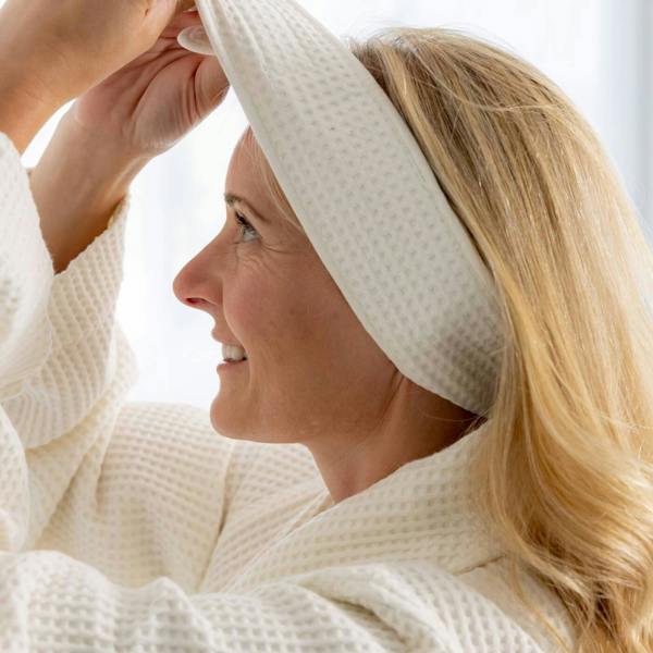 Ecru Waffle Cotton Headband bedroom detail | Soak and Sleep
