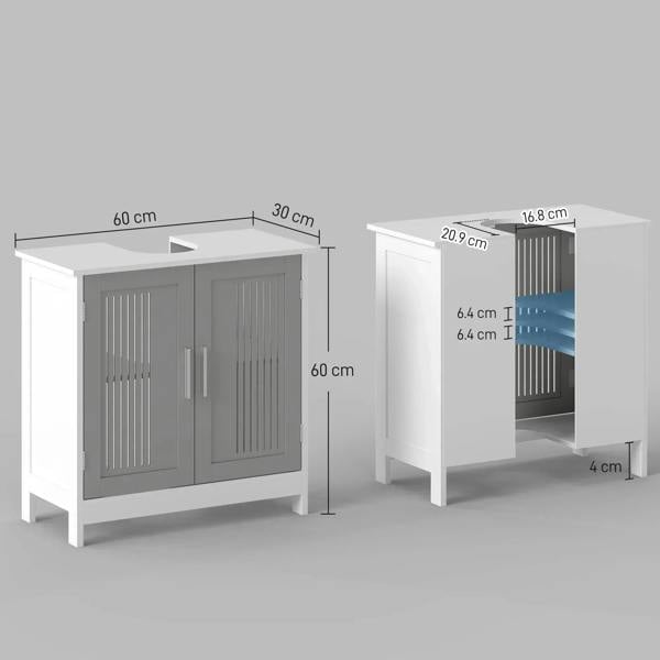 Grey under-sink cabinet with two slatted doors and open storage space on the side.