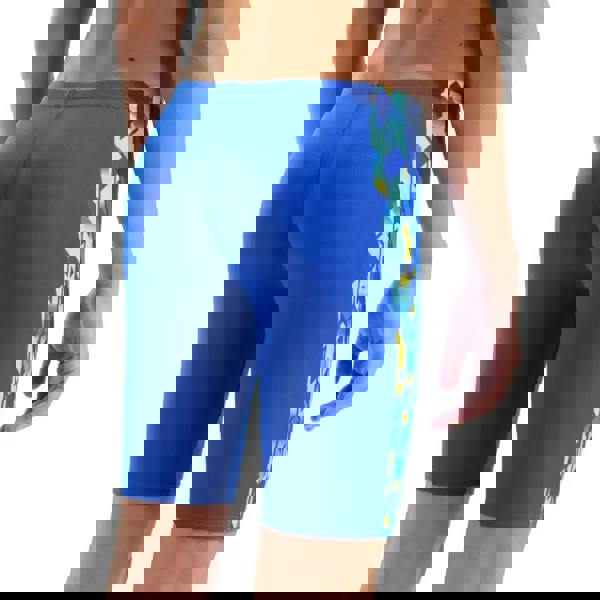 Arena Boys print swim jammer in neon blue with yellow geometric pattern