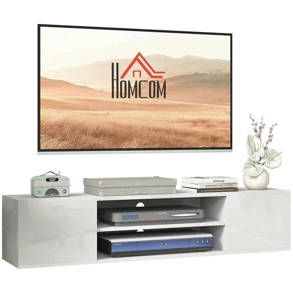 White floating TV stand cabinet with open shelf and two storage doors